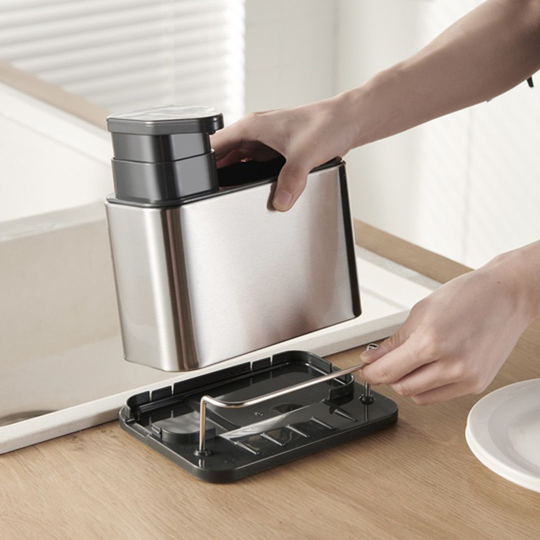 Dispensador de Jabón y Organizador de Lavadero Acero Inoxidable Tidy – Soporte 3 en 1 para Cocina y Antihuella