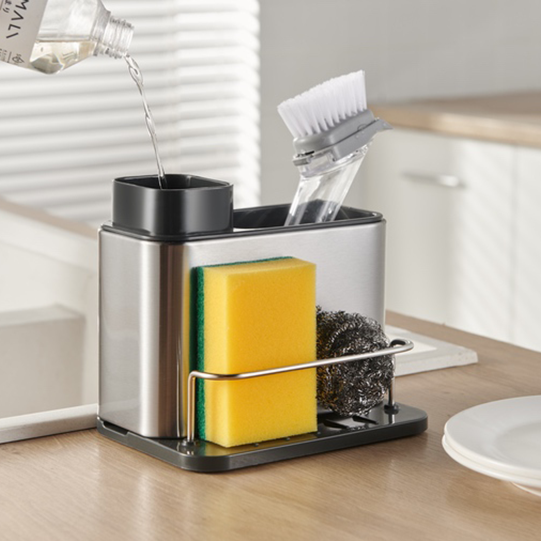 Dispensador de Jabón y Organizador de Lavadero Acero Inoxidable Tidy – Soporte 3 en 1 para Cocina y Antihuella