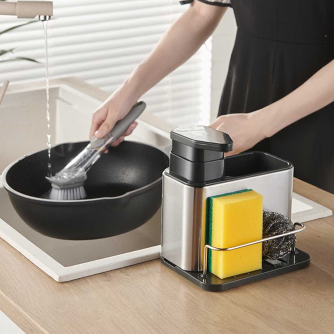 Dispensador de Jabón y Organizador de Lavadero Acero Inoxidable Tidy – Soporte 3 en 1 para Cocina y Antihuella