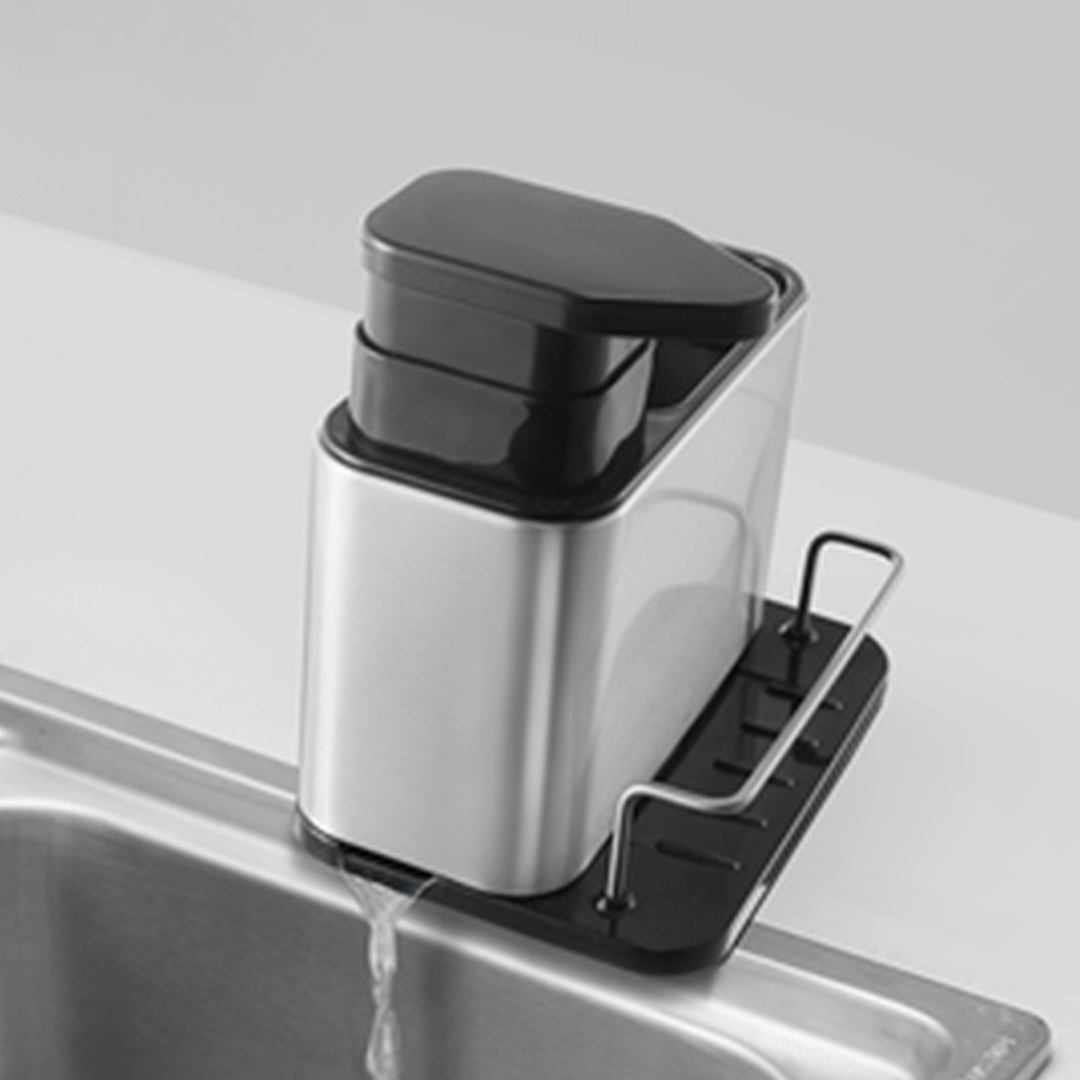 Dispensador de Jabón y Organizador de Lavadero Acero Inoxidable Tidy – Soporte 3 en 1 para Cocina y Antihuella