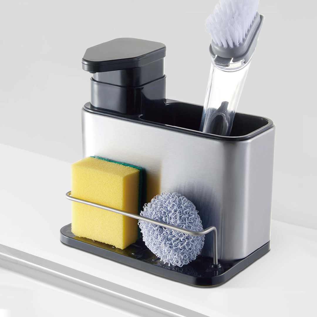 Dispensador de Jabón y Organizador de Lavadero Acero Inoxidable Tidy – Soporte 3 en 1 para Cocina y Antihuella