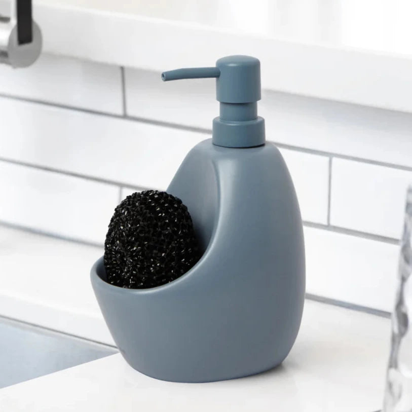 Dispensador de Jabón con Porta Esponja Joey Azul Acerado – Cerámica Premium para Cocina Moderna