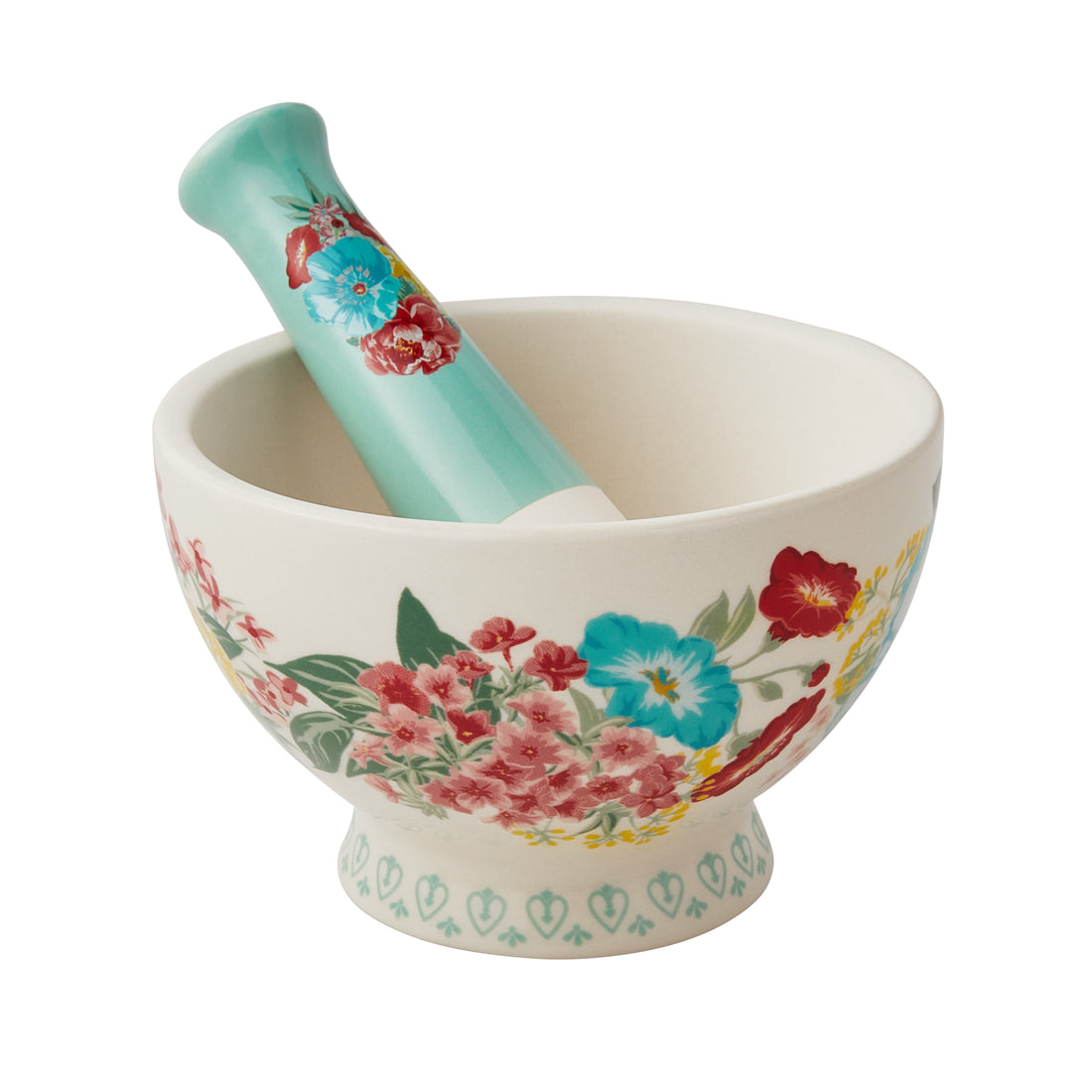 Mortero de Gres con Mano Fancy Flourish – Diseño Floral y Estilo Vintage