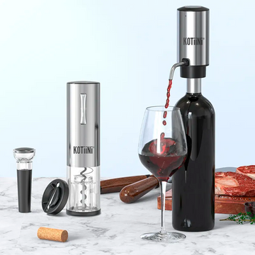 Set Eléctrico Premium de Vino USB acero Inoxidable 4 en 1: Sacacorcho, Decantador, Cortador y Tapón al Vacío