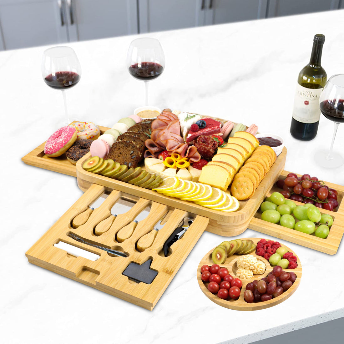 Set Tabla de Quesos y Embutidos de Bambú Premium con Accesorios – Ideal para Reuniones y Regalos Elegantes