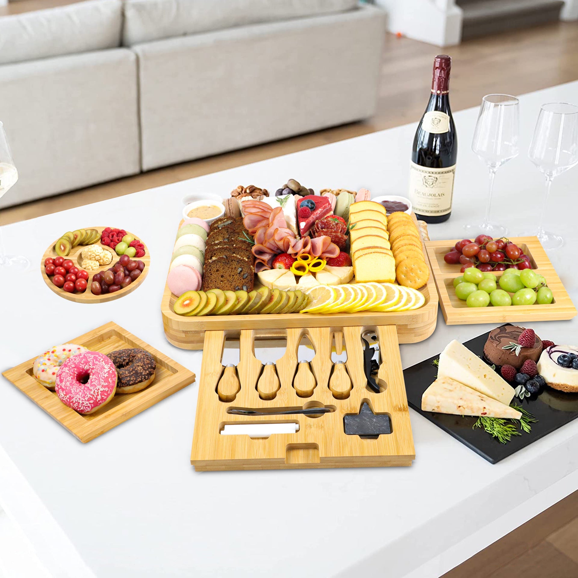 Set Tabla de Quesos y Embutidos de Bambú Premium con Accesorios – Ideal para Reuniones y Regalos Elegantes