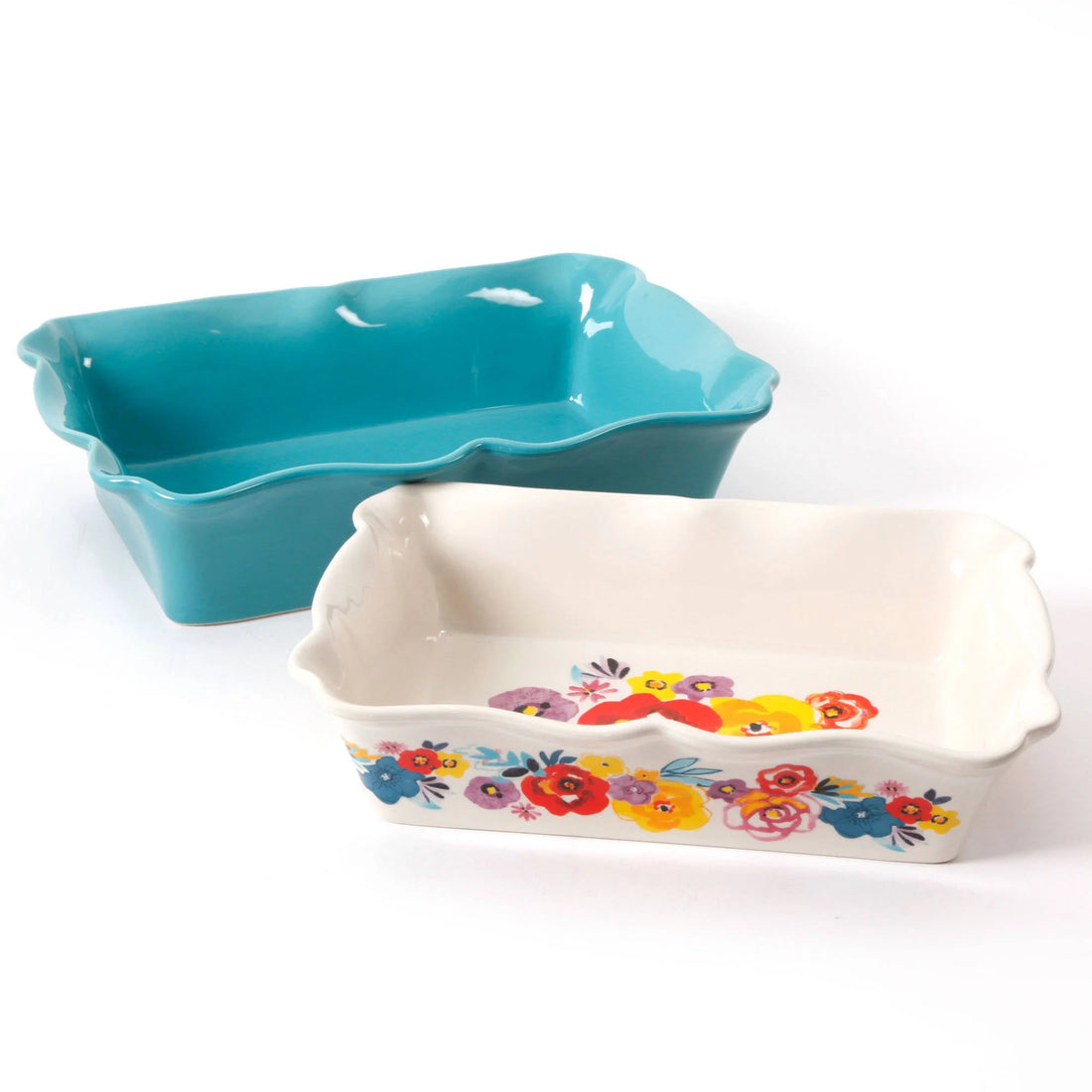 Set de 2 Fuentes Rectangulares de Gres 3.4 L y 2.2 L – Floral Vintage con Bordes Ondulados