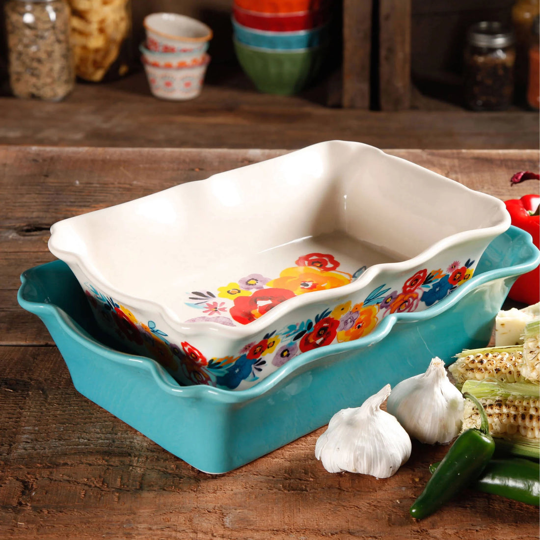 Set de 2 Fuentes Rectangulares de Gres 3.4 L y 2.2 L – Floral Vintage con Bordes Ondulados
