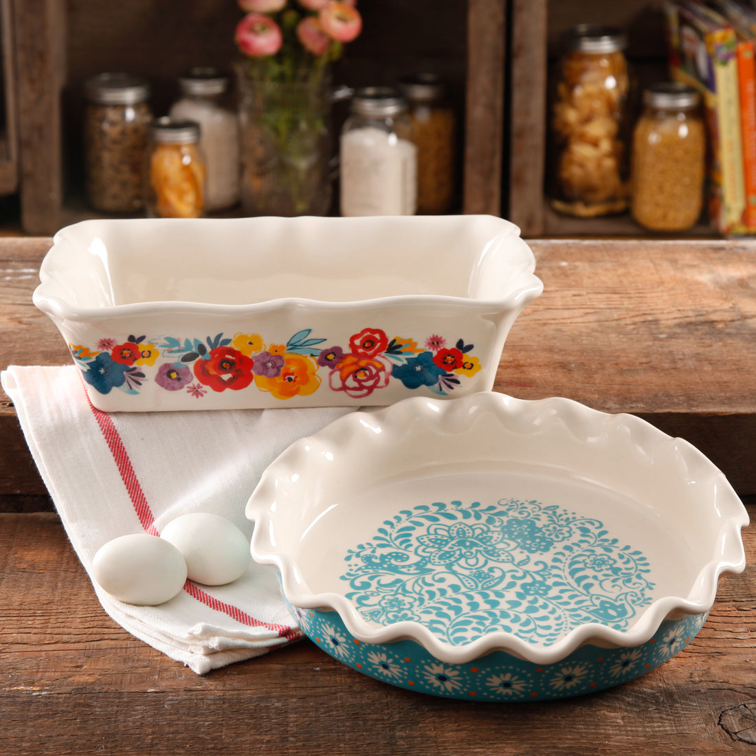 Set de 2 Molde para Pie y Fuente de Gres Flea Market – Floral Vintage y Borde Ondulado