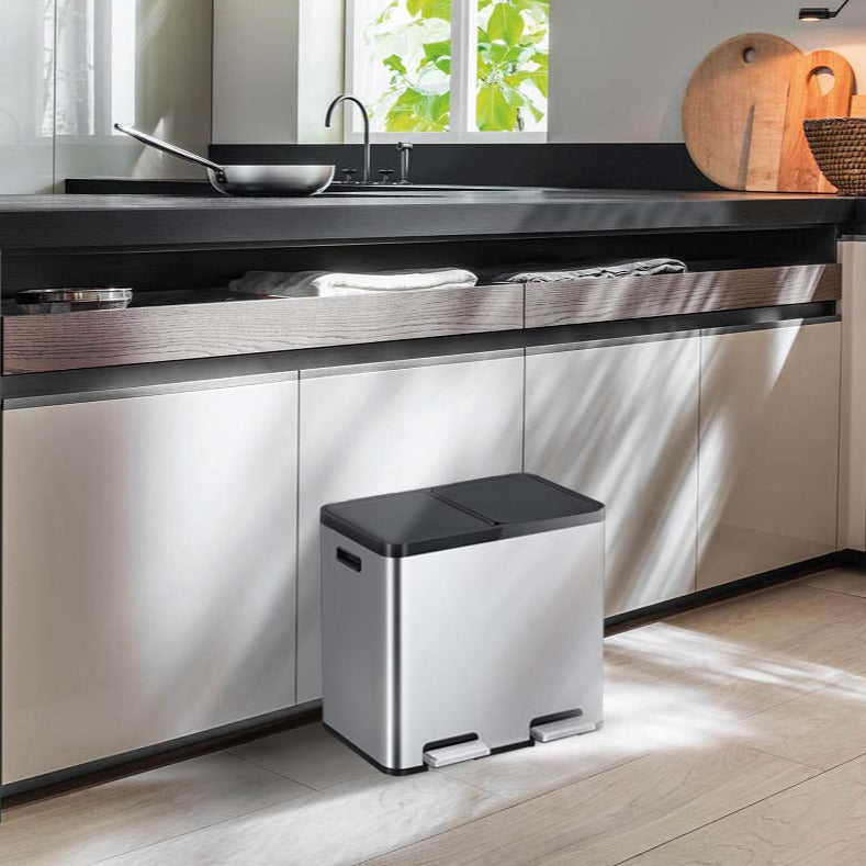 Tacho de Basura Reciclaje EKO Essential 22L+22L Acero Inoxidable Antihuella – Separador de Residuos sin Contacto y Doble Pedal
