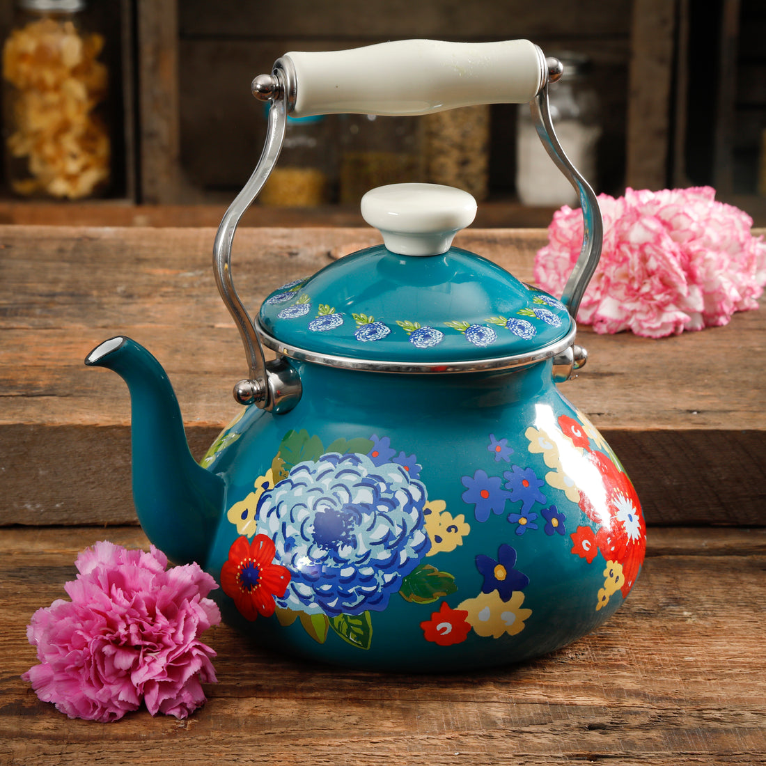 Tetera de Acero Esmaltado 1.9 L Dazzling Dahlias – Estilo Vintage en Teal