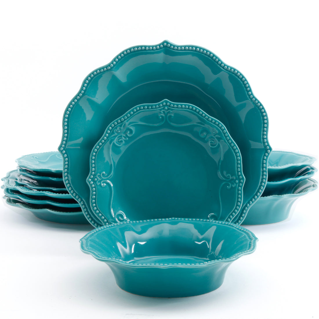 Vajilla de Gres Turquesa 12 Piezas Paige – Diseño Vintage con Relieve y Borde Ondulado