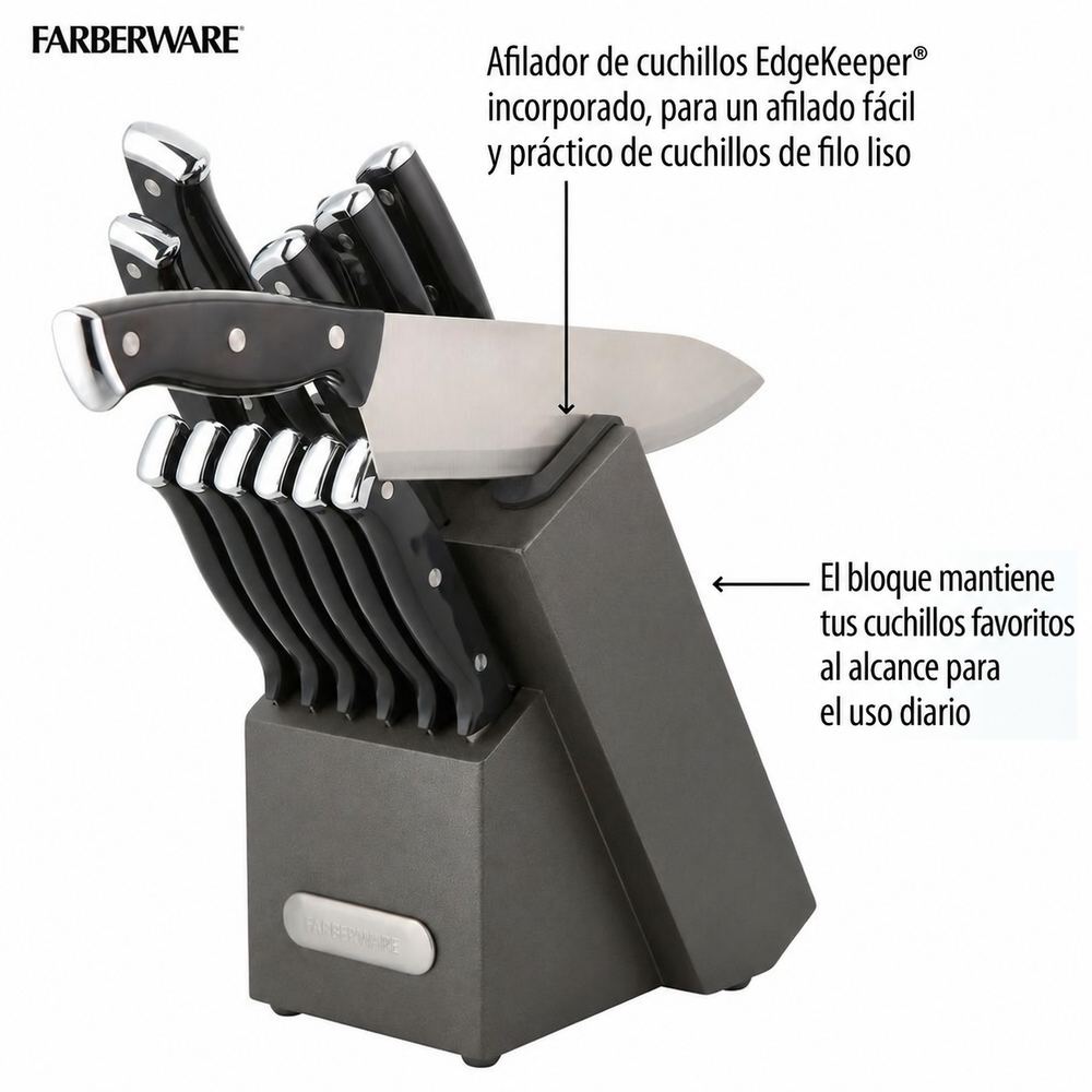 Bloque de cuchillos y afilador acero inox 14 piezas grafito triple remache