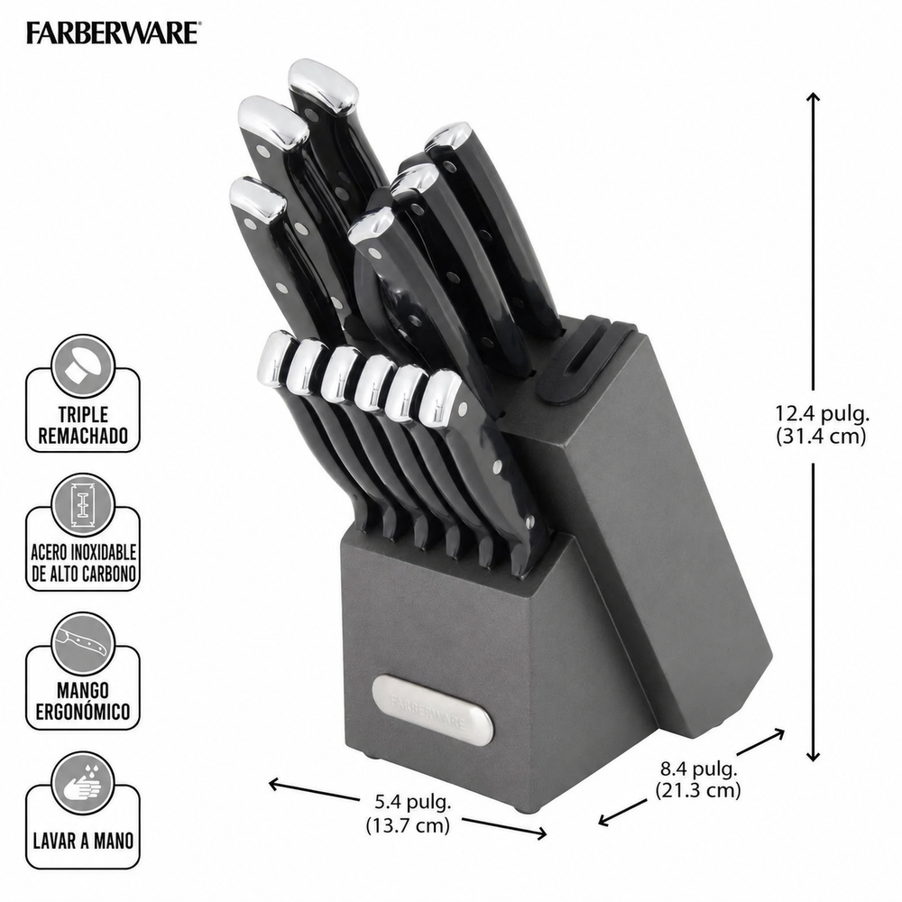 Bloque de cuchillos y afilador acero inox 14 piezas grafito triple remache