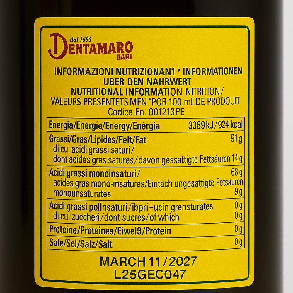 Aceite de oliva extra virgen Dentamaro x 1 L. · italiano de categoría superior