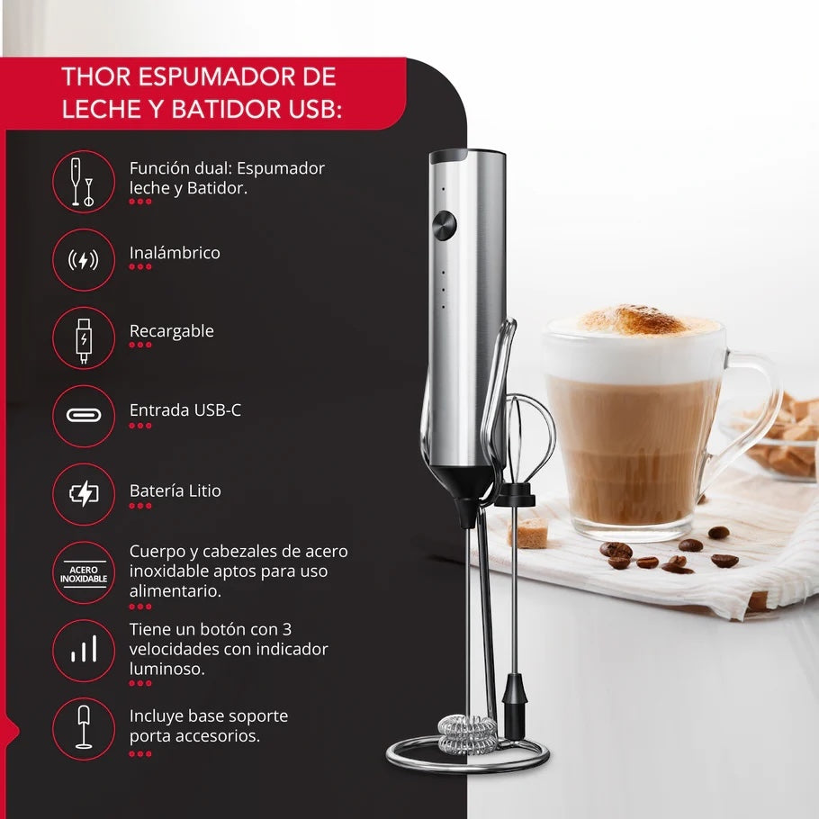 Batidor Eléctrico Espuma Recargable Cremaire – 3 Velocidades, USB y Doble Cabezal de Acero Inoxidable