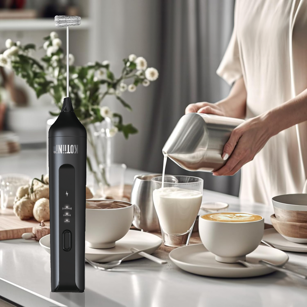 Batidor eléctrico espumador recargable K3 · 3 velocidades, USB y doble cabezal de acero inoxidable