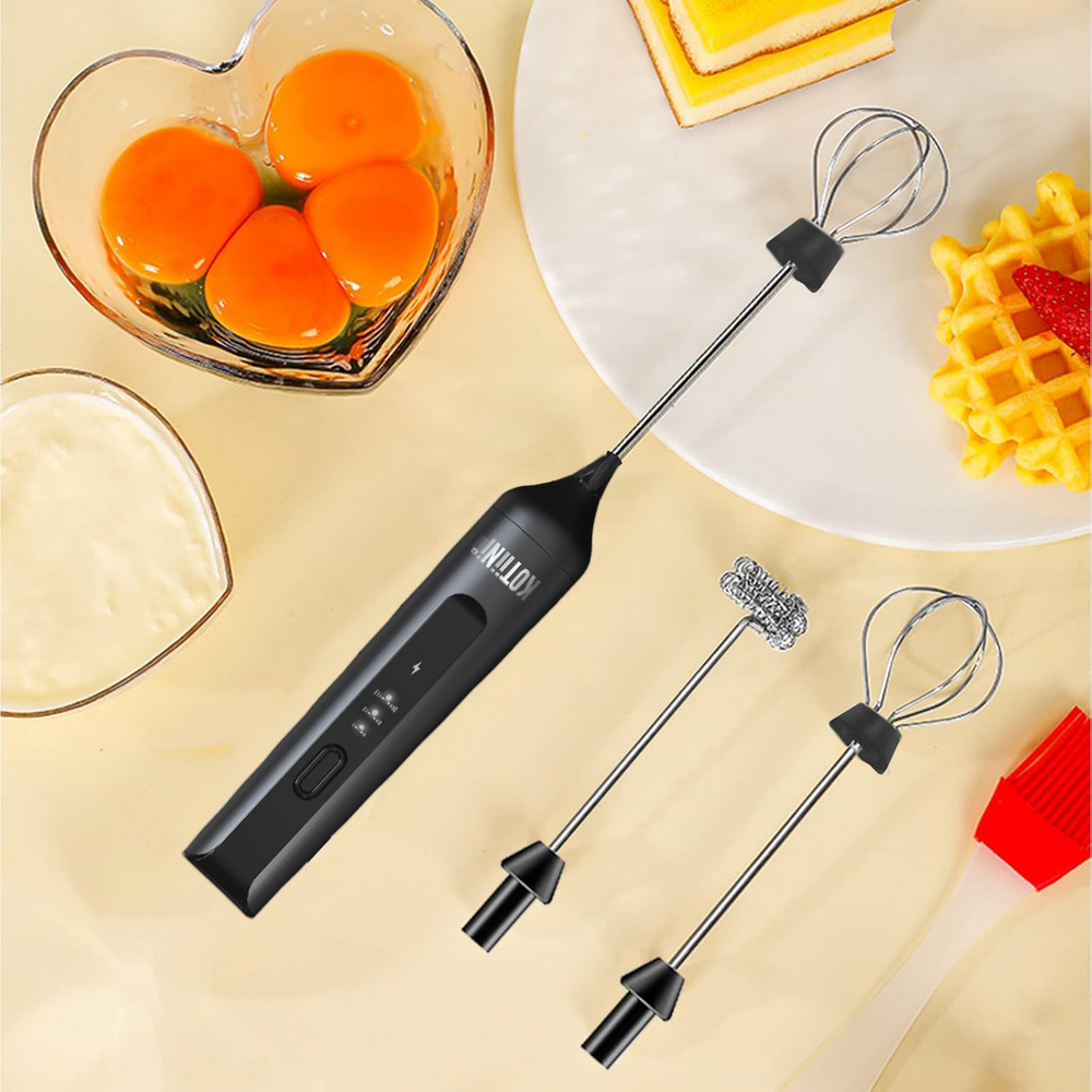 Batidor eléctrico espumador recargable K3 · 3 velocidades, USB y doble cabezal de acero inoxidable