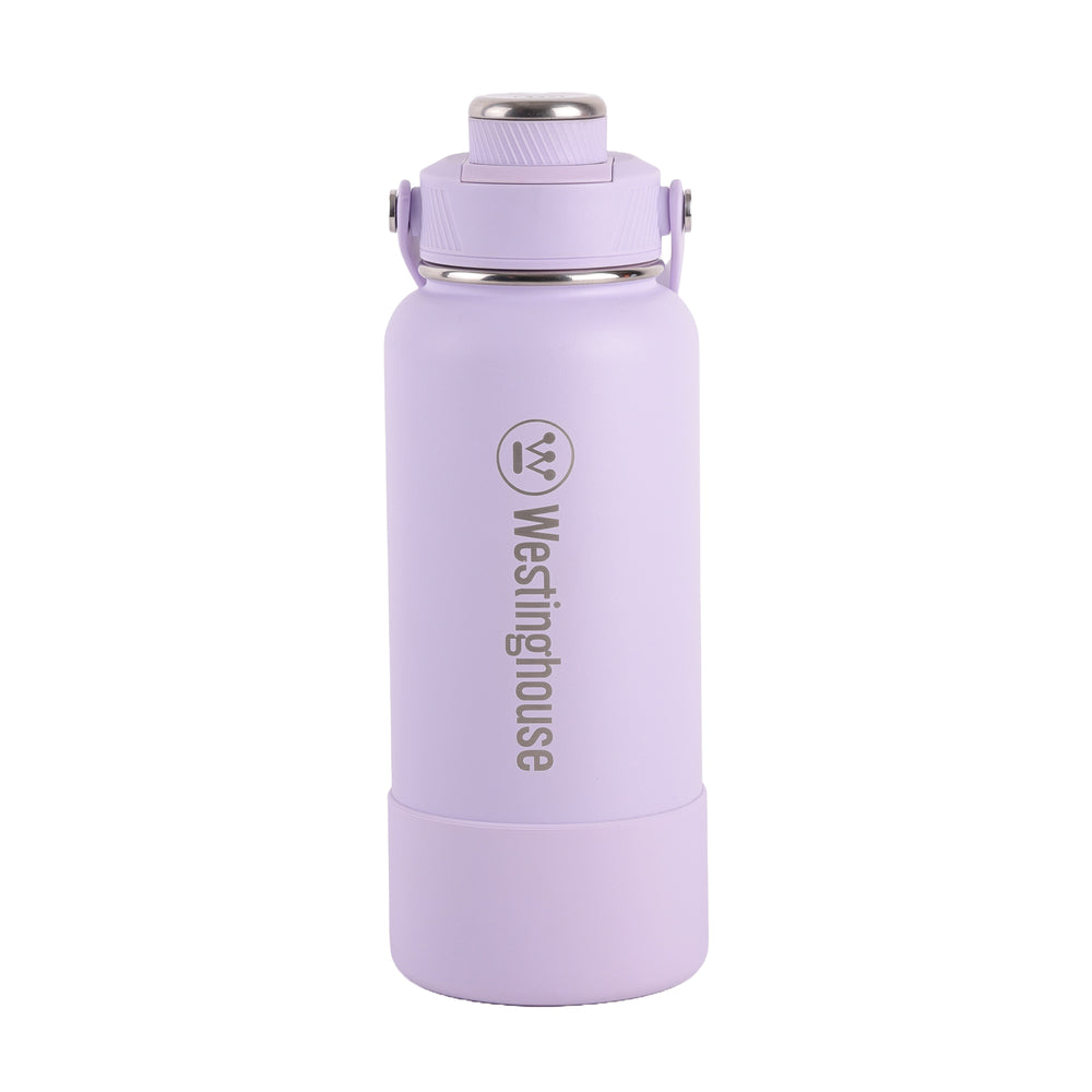 Botella térmica doble pared acero inoxidable 946 ml con boquilla y funda silicona lila · Mantiene bebidas frías y calientes