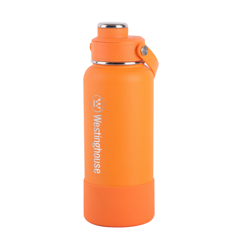 Botella térmica doble pared acero inoxidable 946 ml con boquilla y funda silicona naranja · Mantiene bebidas frías y calientes