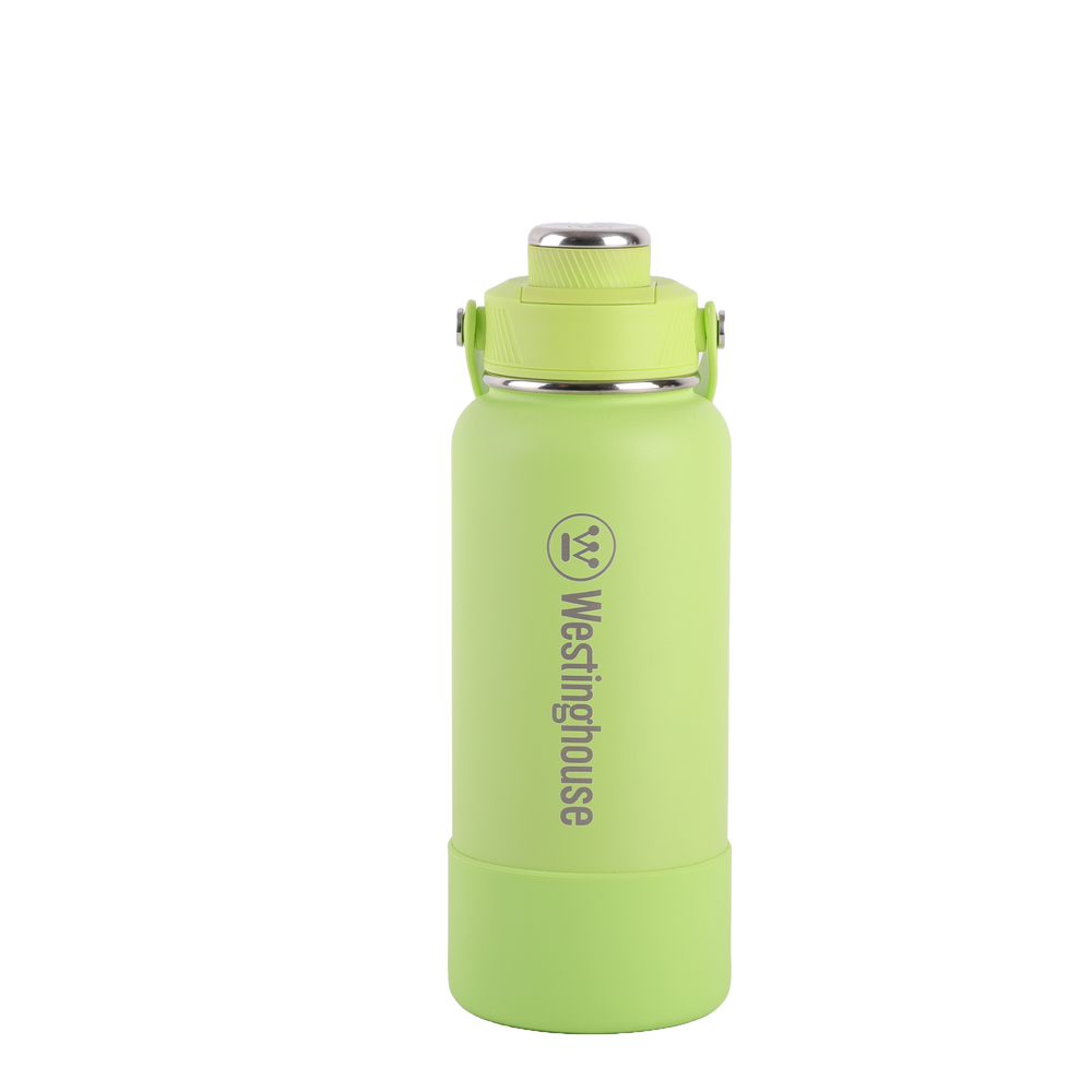 Botella térmica doble pared acero inoxidable 946 ml con boquilla y funda silicona verde · Mantiene bebidas frías y calientes