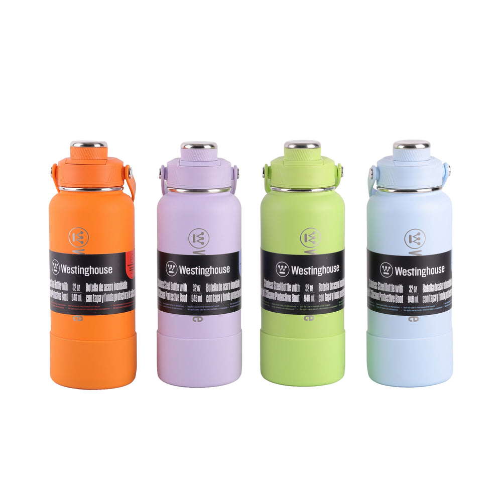 Botella térmica doble pared acero inoxidable 946 ml con boquilla y funda silicona verde · Mantiene bebidas frías y calientes