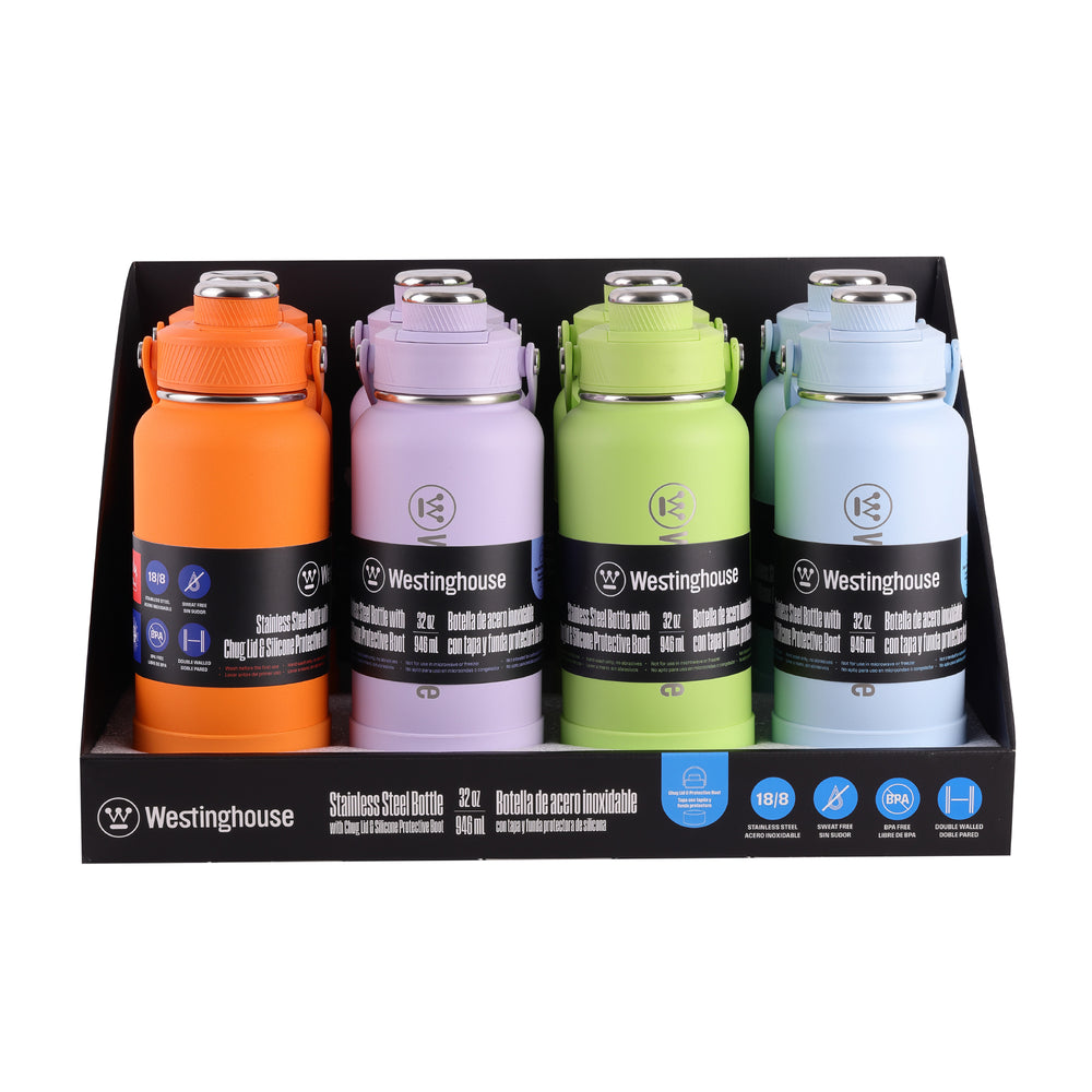 Botella térmica doble pared acero inoxidable 946 ml con boquilla y funda silicona verde · Mantiene bebidas frías y calientes
