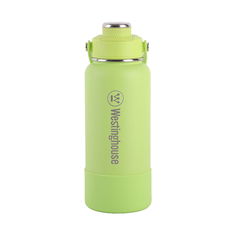 Botella térmica doble pared acero inoxidable 946 ml con boquilla y funda silicona verde · Mantiene bebidas frías y calientes