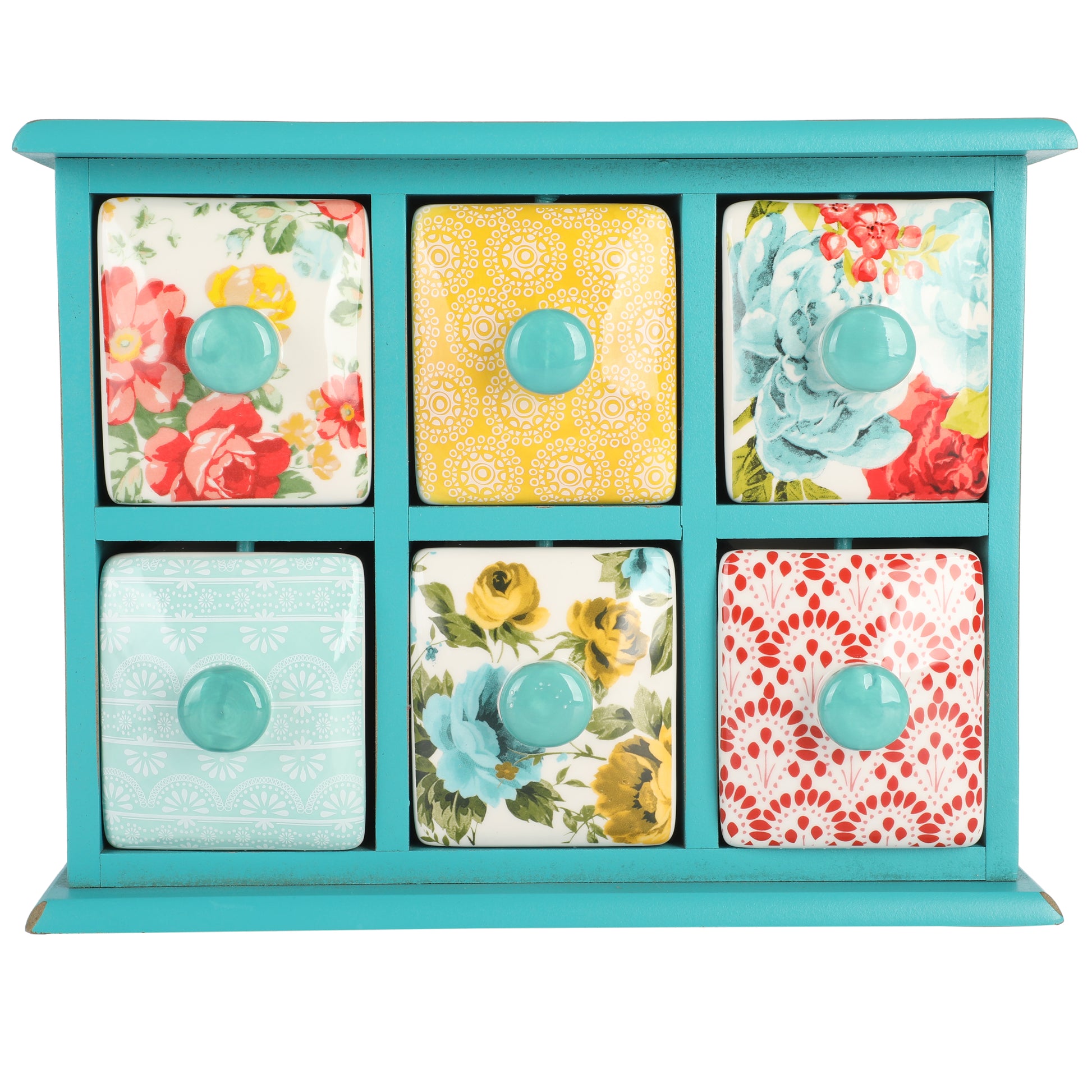 Caja Organizadora de Especias/Té con 6 Cajones Flea Market – Madera y Cerámica Decorada