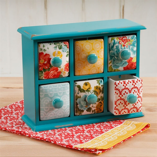 Caja Organizadora de Especias/Té con 6 Cajones Flea Market – Madera y Cerámica Decorada