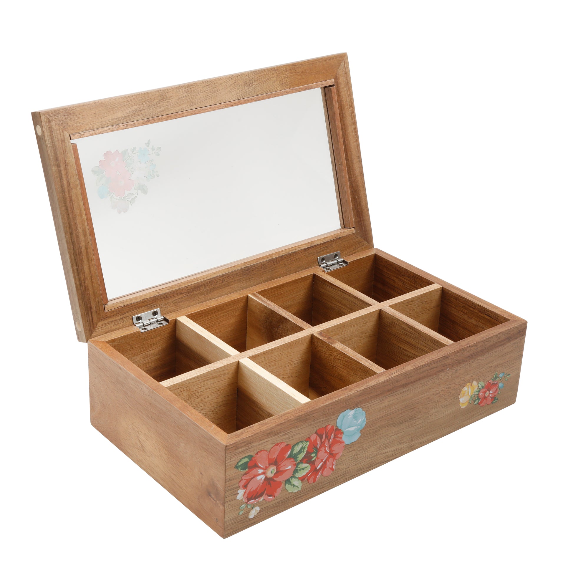 Caja de Té y Especias de Madera 8 Compartimentos Vintage Floral – Diseño Country Chic