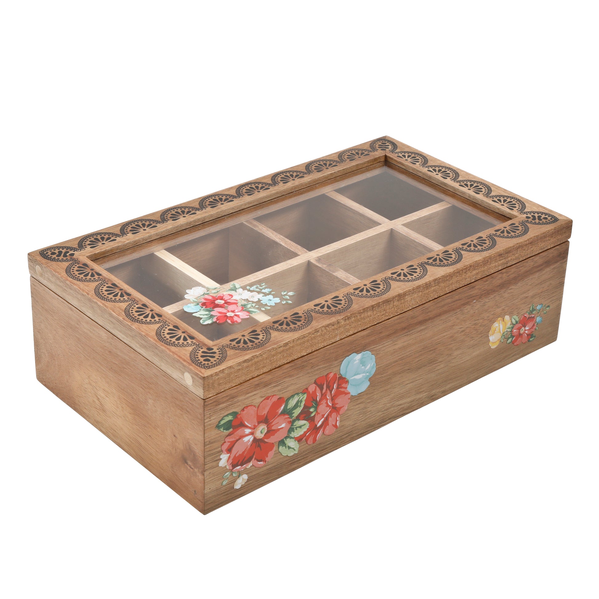 Caja de Té y Especias de Madera 8 Compartimentos Vintage Floral – Diseño Country Chic