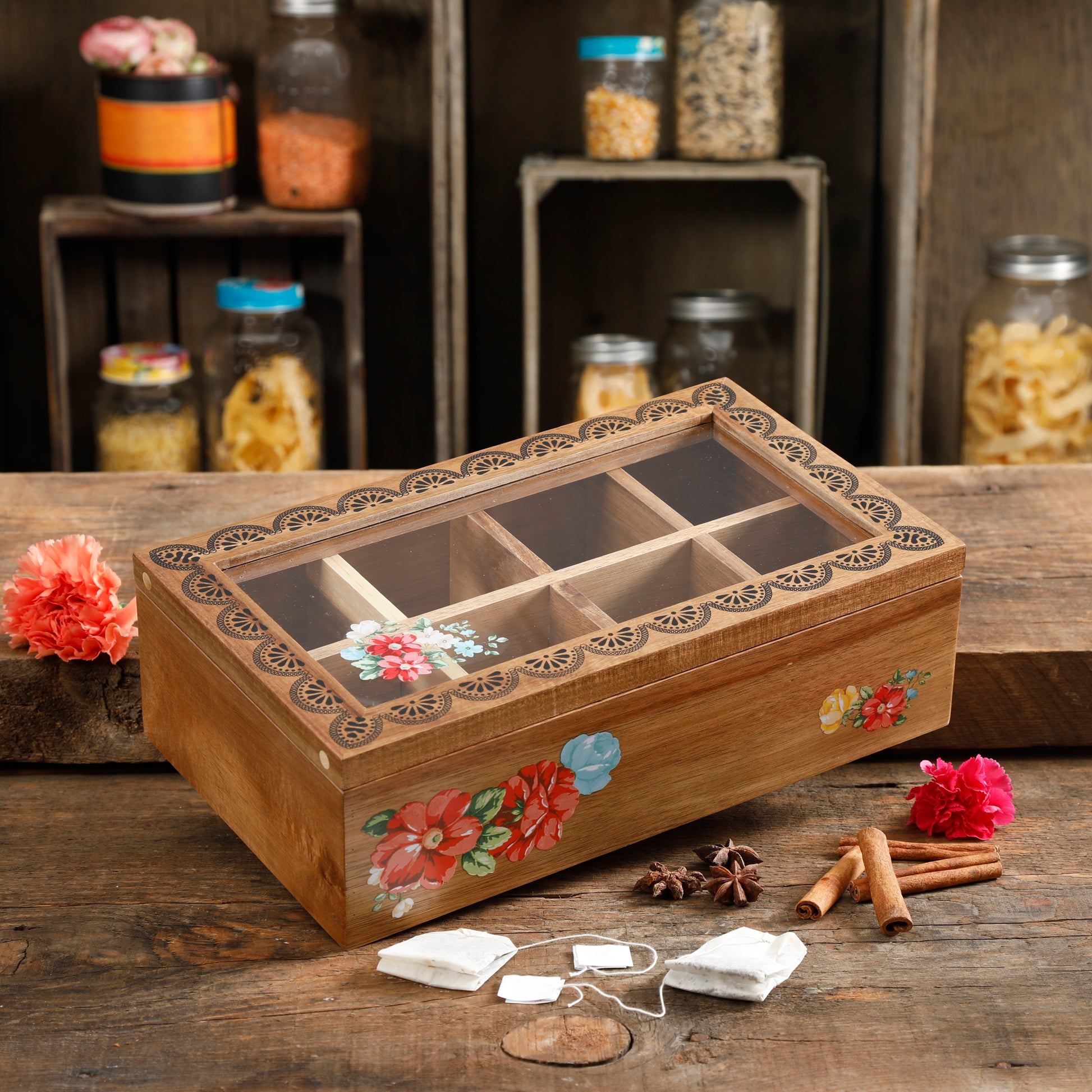 Caja de Té y Especias de Madera 8 Compartimentos Vintage Floral – Diseño Country Chic