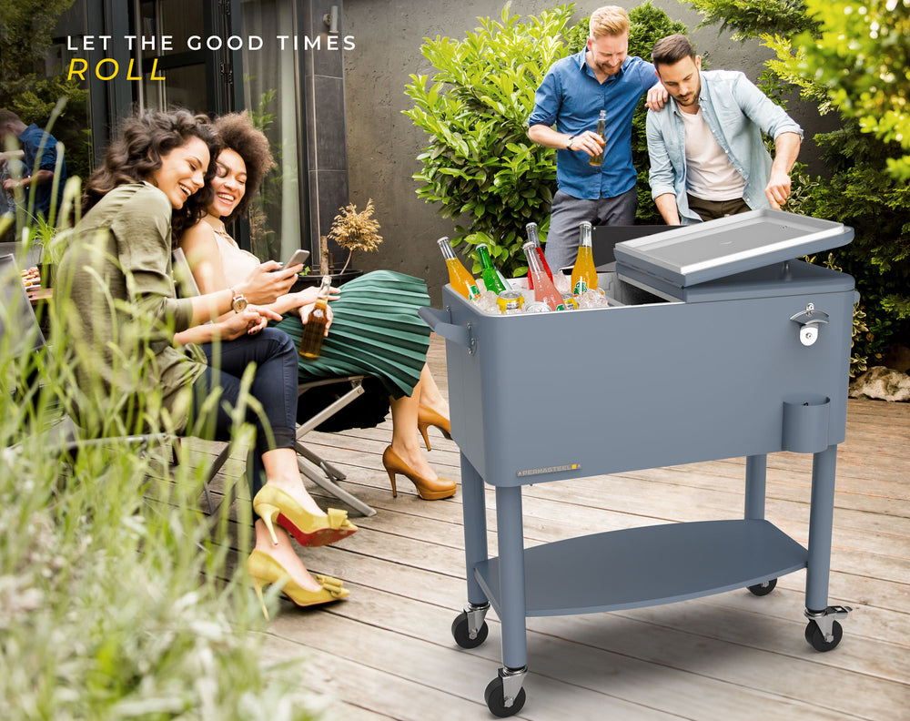 Cooler patio ruedas, repisa y divisiones 76 litros azul