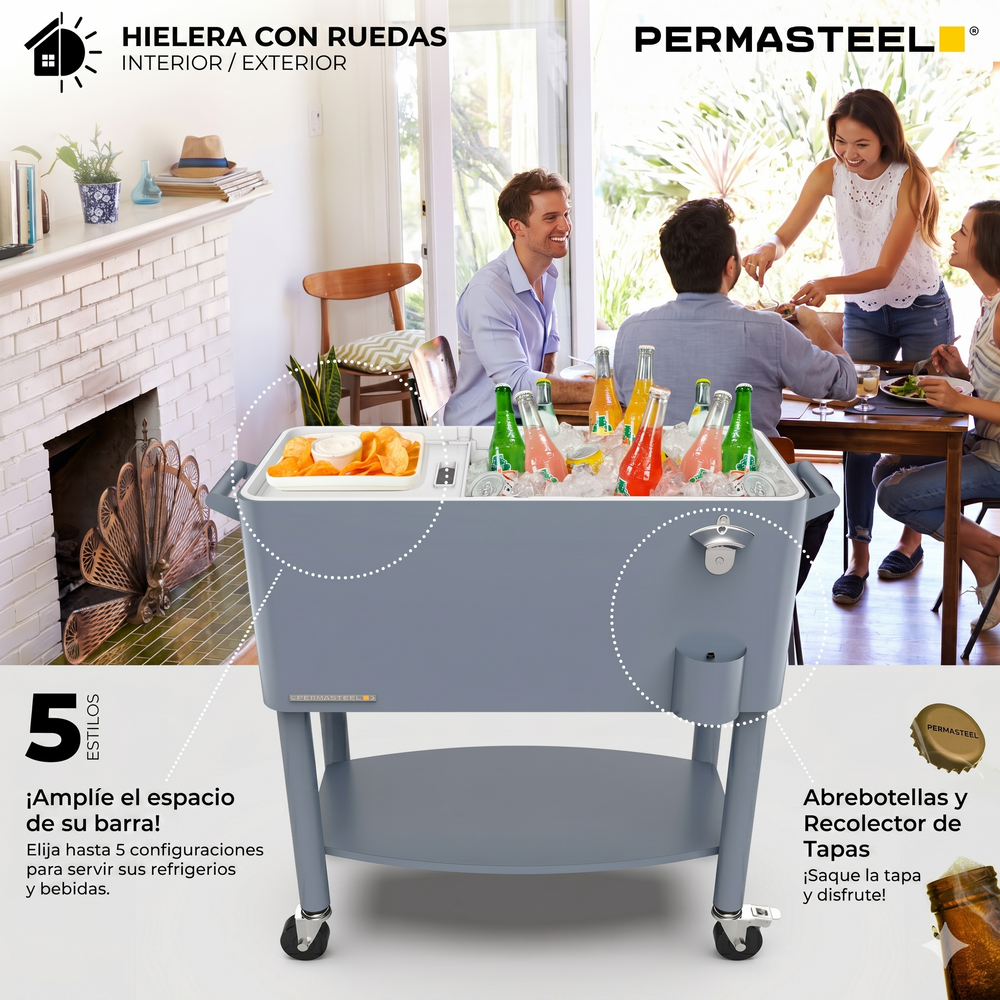 Cooler patio ruedas, repisa y divisiones 76 litros azul