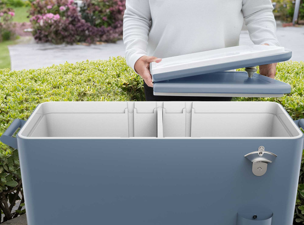 Cooler patio ruedas, repisa y divisiones 76 litros azul