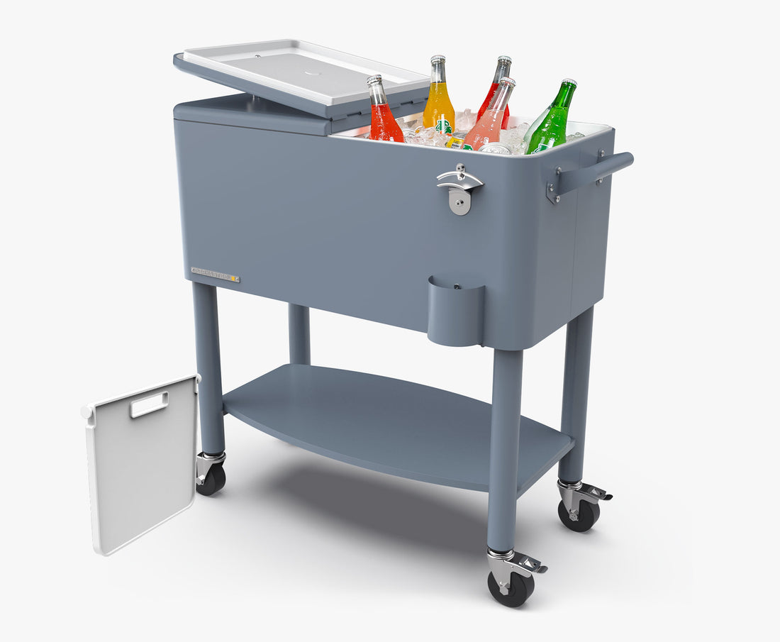 Cooler patio ruedas, repisa y divisiones 76 litros azul