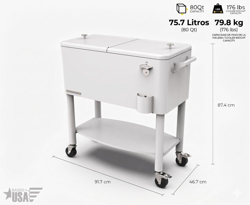 Cooler patio ruedas, repisa y divisiones 76 litros blanco