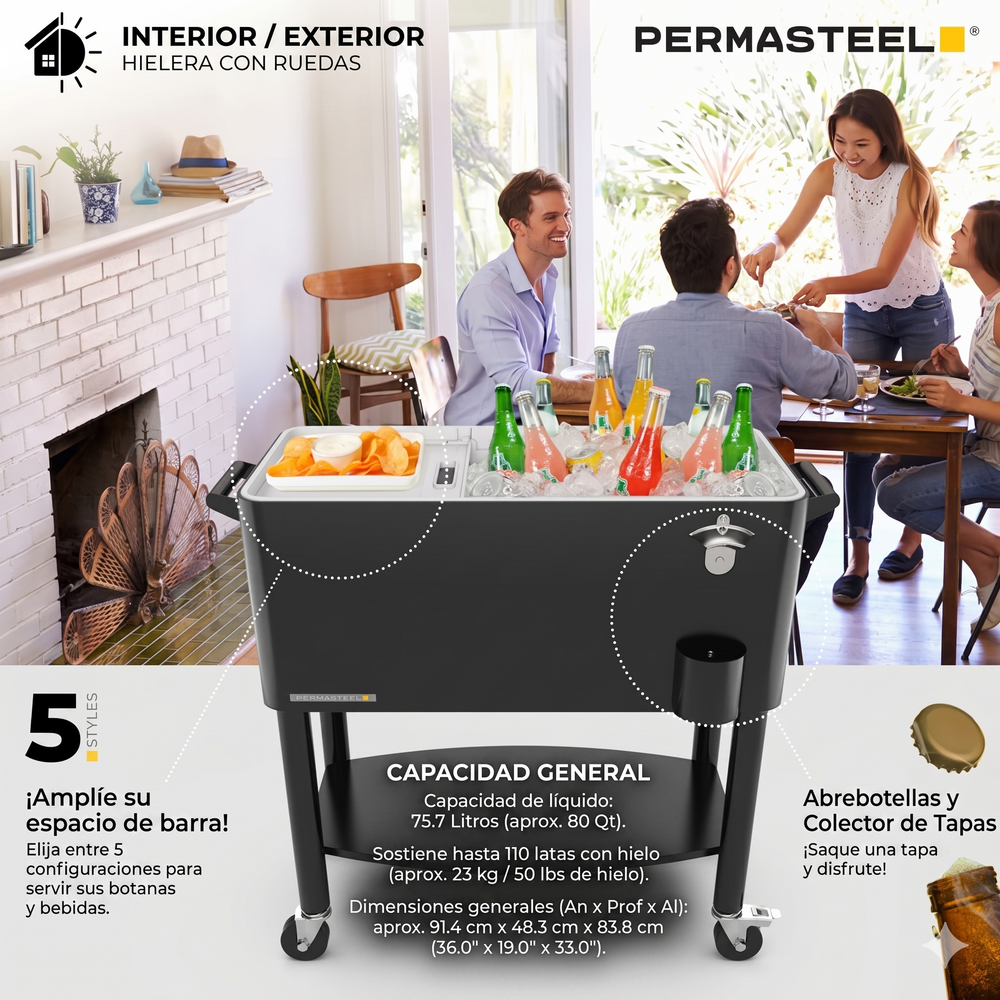 Cooler patio ruedas, repisa y divisiones 76 litros negro