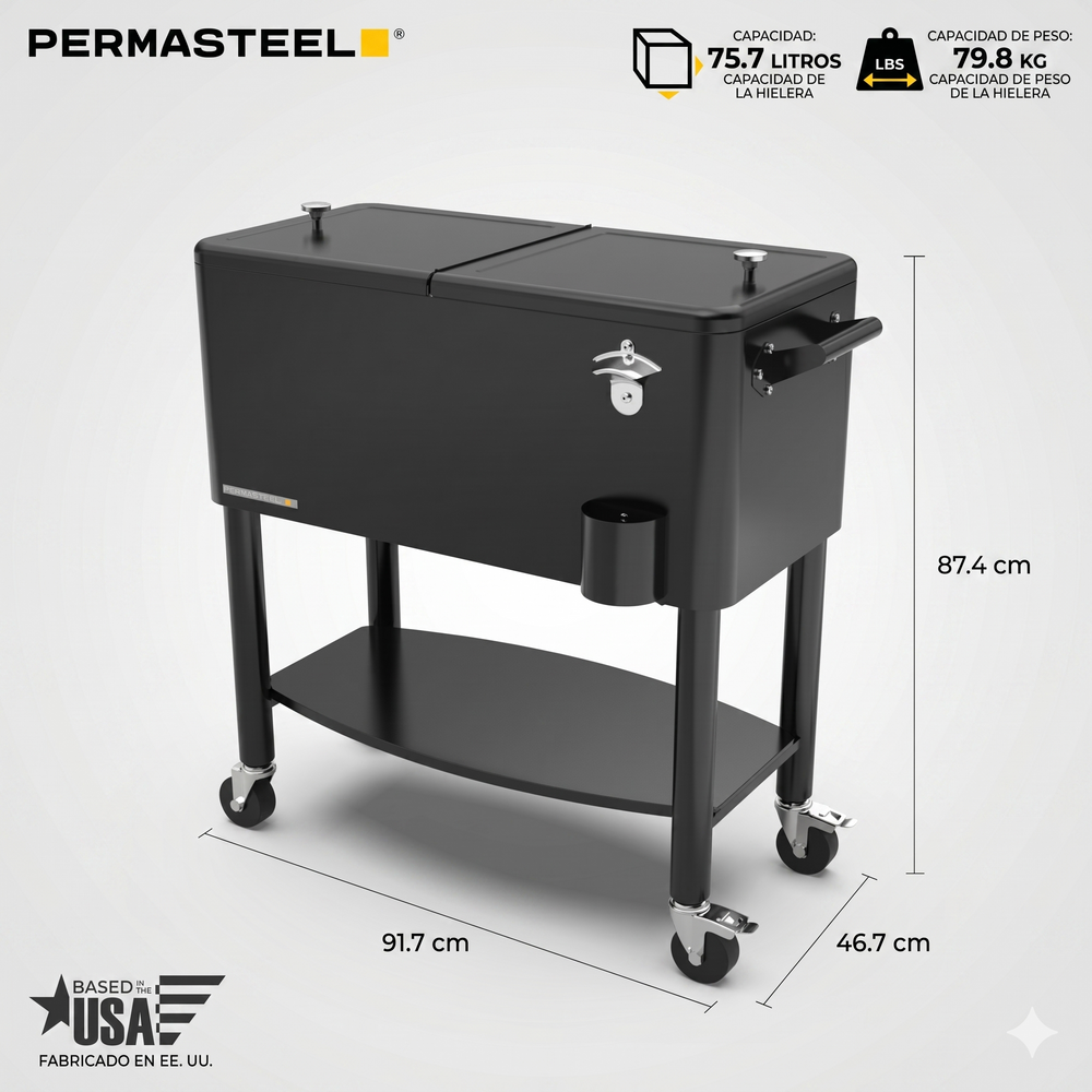 Cooler patio ruedas, repisa y divisiones 76 litros negro