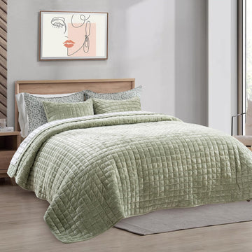 Cubrecama Velvet Premium Elenora verde salvia