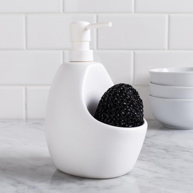 Dispensador de jabón con porta esponja Joey blanco · cerámica premium para cocina moderna