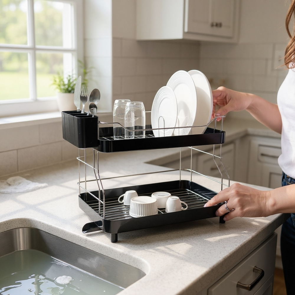 Escurridor de Platos Smart Plus 2 Niveles Negro – Alta Capacidad, Drenaje 360°, Diseño Moderno para Cocina Ordenada