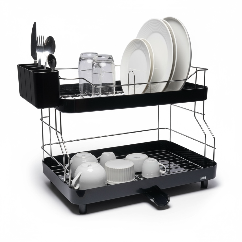 Escurridor de Platos Smart Plus 2 Niveles Negro – Alta Capacidad, Drenaje 360°, Diseño Moderno para Cocina Ordenada