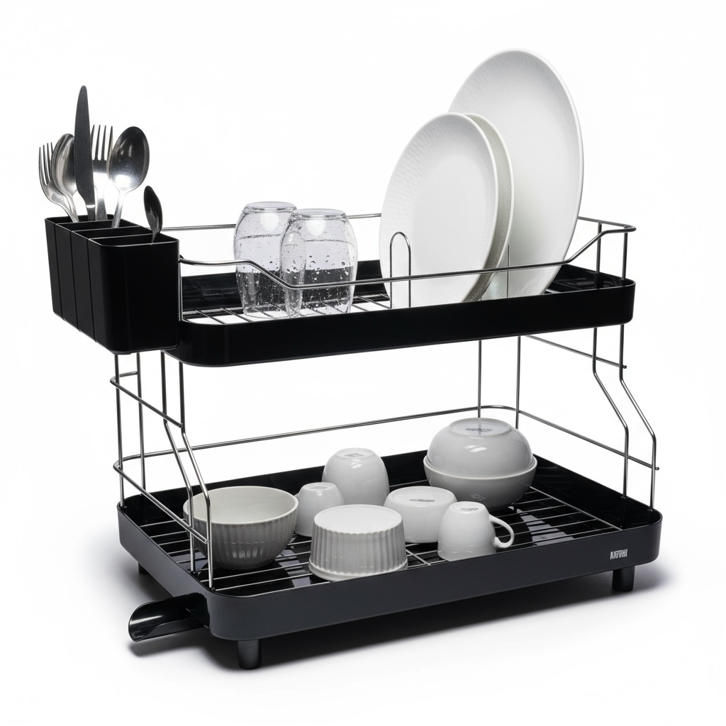 Escurridor de Platos Smart Plus 2 Niveles Negro – Alta Capacidad, Drenaje 360°, Diseño Moderno para Cocina Ordenada