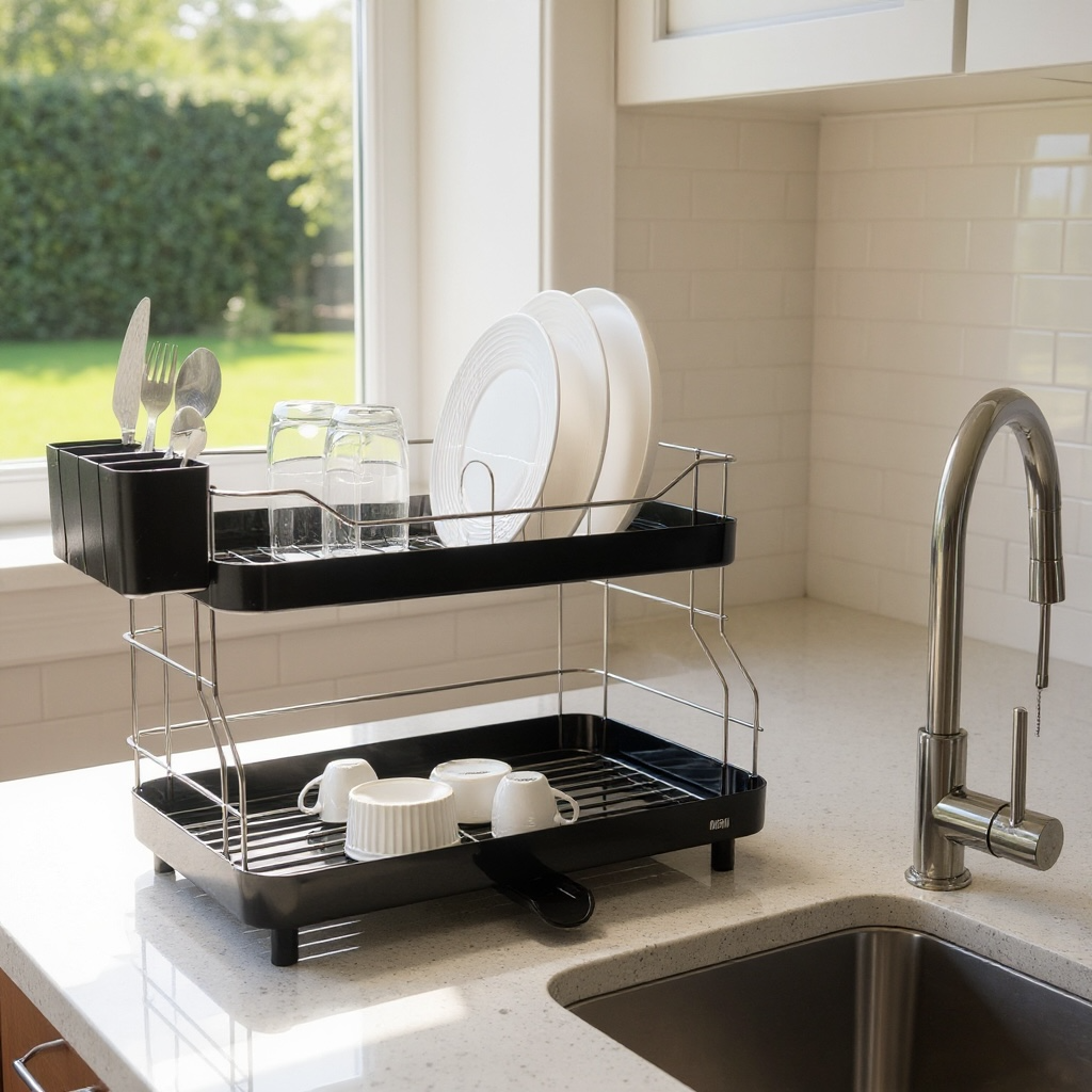 Escurridor de Platos Smart Plus 2 Niveles Negro – Alta Capacidad, Drenaje 360°, Diseño Moderno para Cocina Ordenada