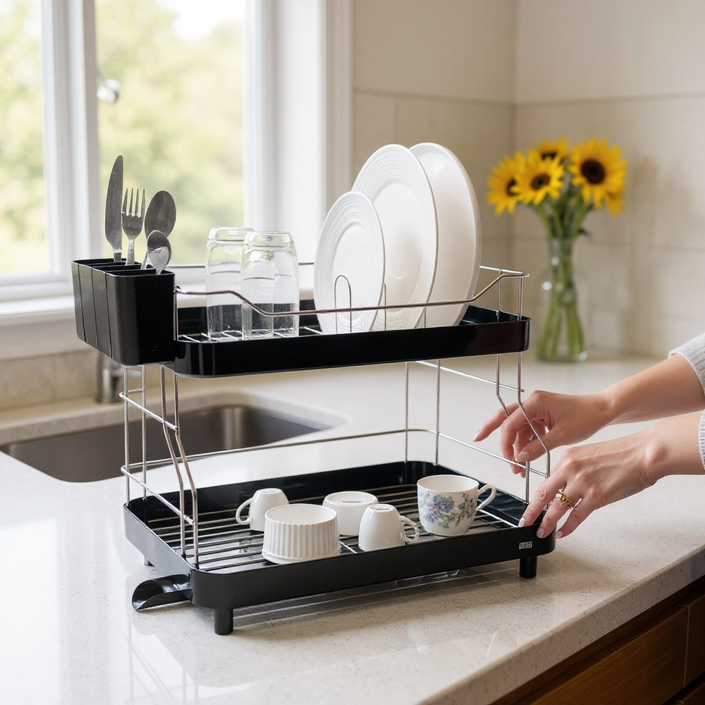 Escurridor de Platos Smart Plus 2 Niveles Negro – Alta Capacidad, Drenaje 360°, Diseño Moderno para Cocina Ordenada