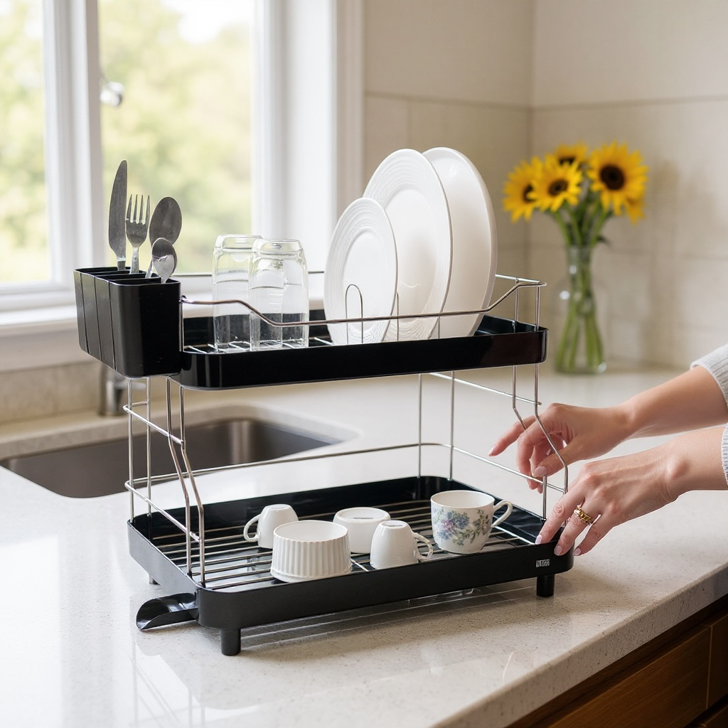 Escurridor de Platos Smart Plus 2 Niveles Negro – Alta Capacidad, Drenaje 360°, Diseño Moderno para Cocina Ordenada