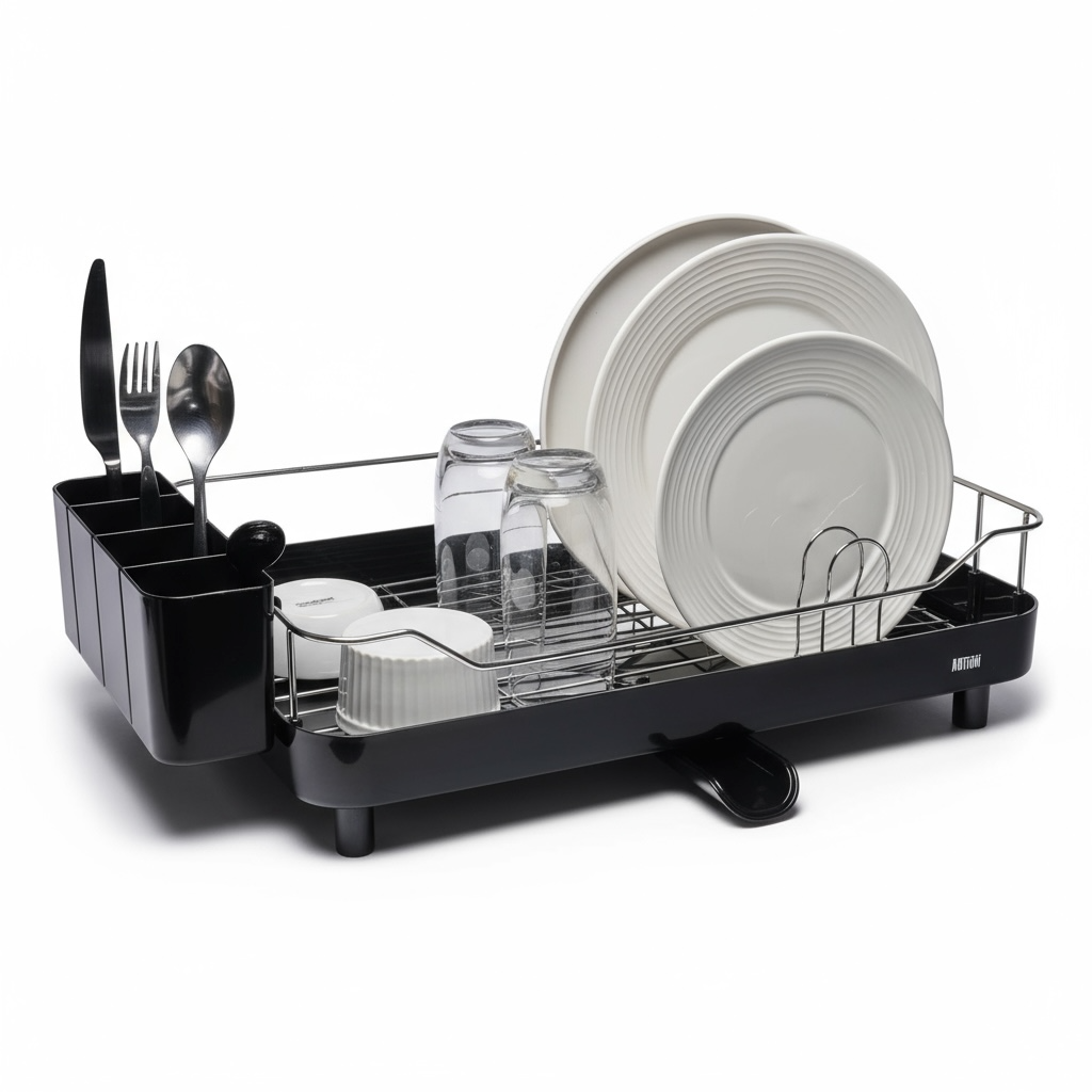 Escurridor de Platos Smart Plus Large Negro 1 Nivel - Drenaje 360°, Alta Capacidad y Diseño Moderno para Cocina