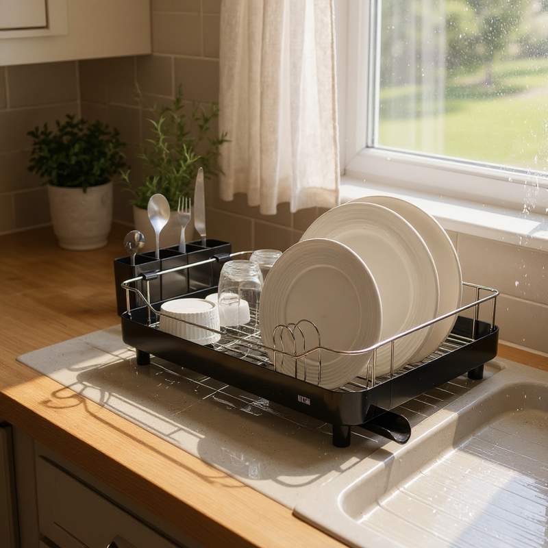 Escurridor de Platos Smart Plus Large Negro 1 Nivel - Drenaje 360°, Alta Capacidad y Diseño Moderno para Cocina
